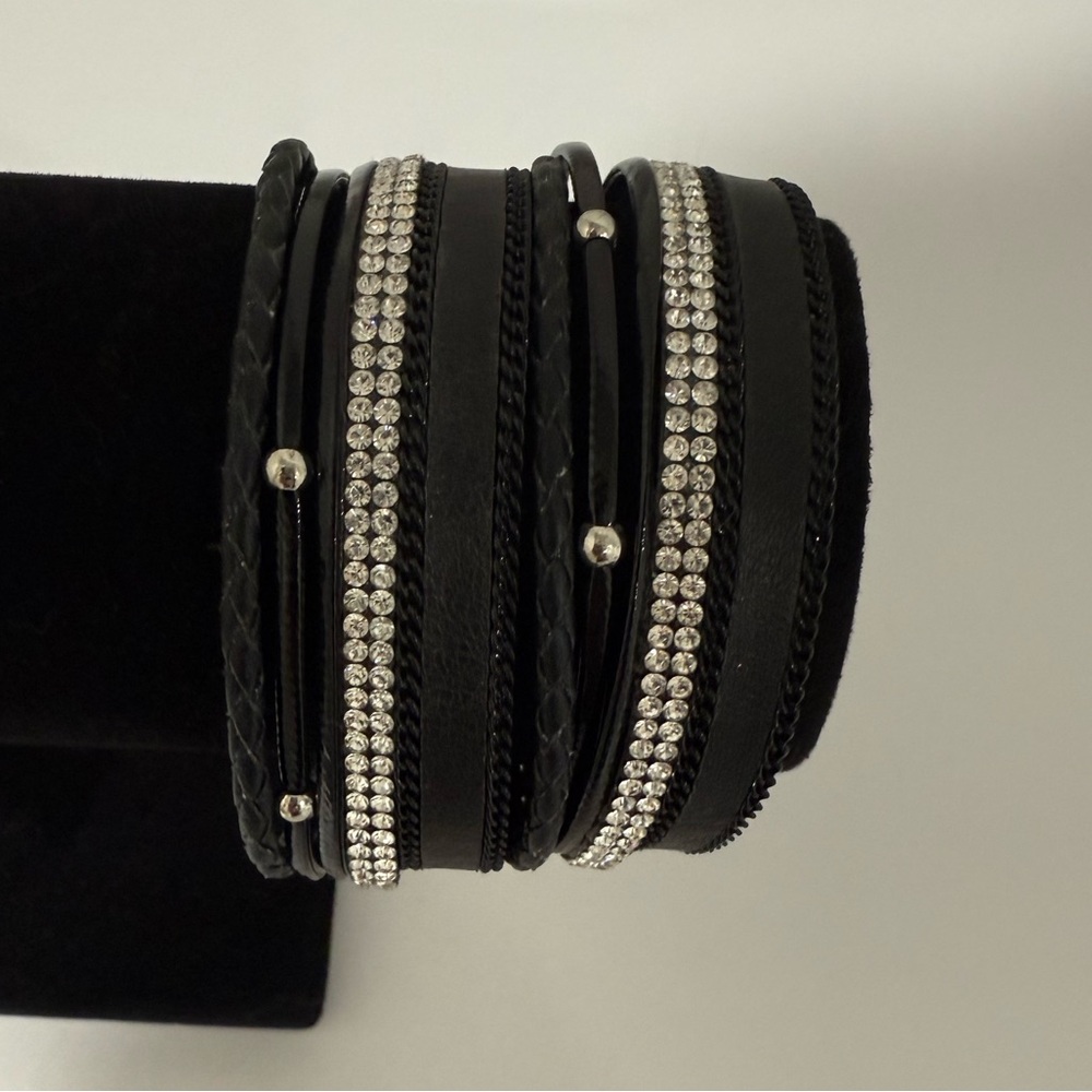 Guess Black Vegan Leather and Rhinestone Multi-Strand Bracelet